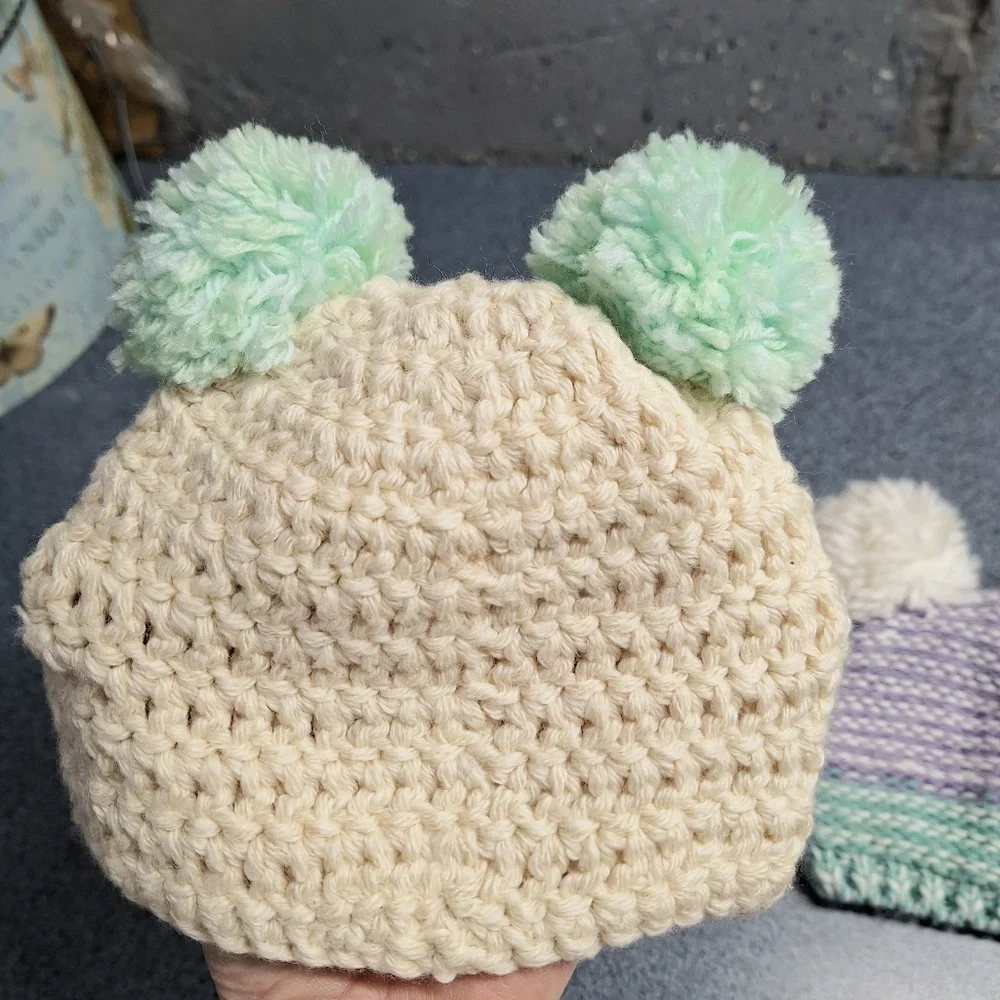 406 Yarn Creations Crocheted Cap & Two Pom Pom knit Hats 3-6 Months, NWOT